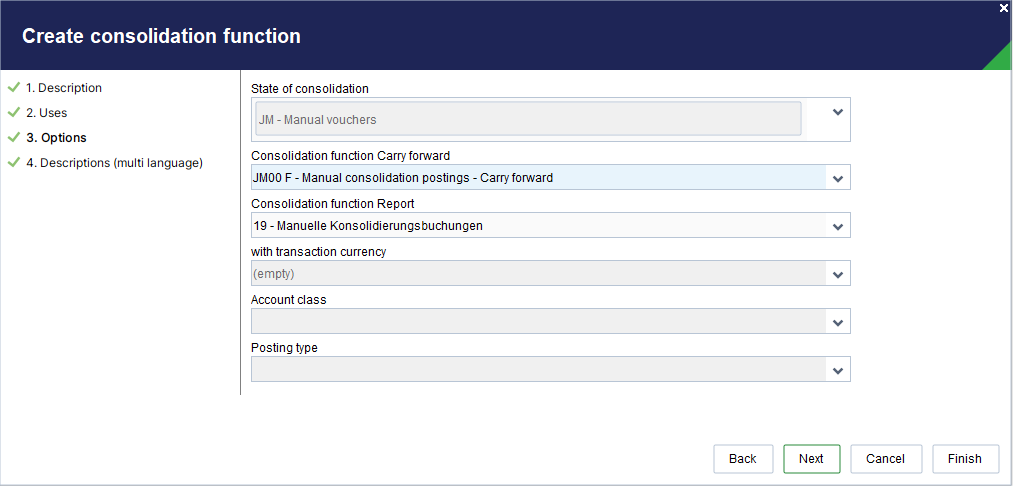 Create consolidation function wizard - Options